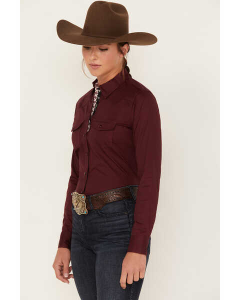 RANK 45® Women's Heritage Solid Long Sleeve Snap Stretch Riding Shirt, Burgundy, hi-res