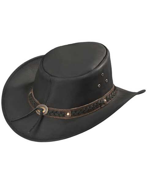Outback Trading Co. Black Wagga Wagga UPF50 Sun Protection Leather Hat, Black, hi-res