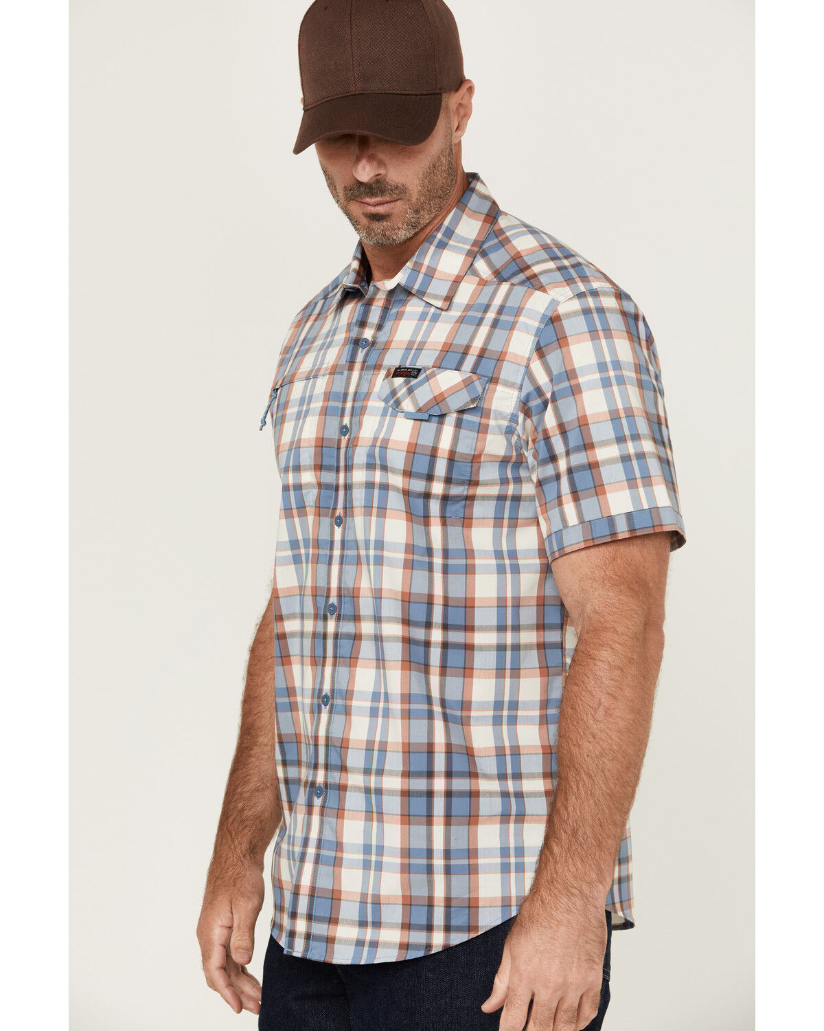 Image #2 - ATG by Wrangler Asymmetric Plaid Print Short Sleeve Button-Down Performance Western Shirt, Light Blue, hi-res