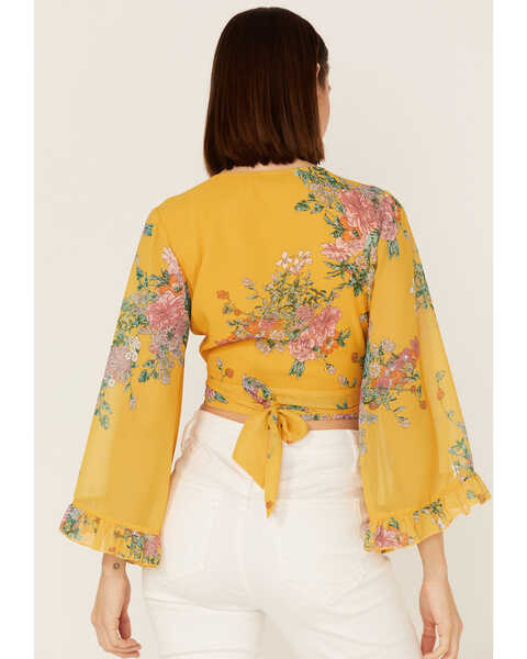 Smak Parlour Women's Floral Print Bell Sleeve Wrap Crop Top, Yellow, hi-res