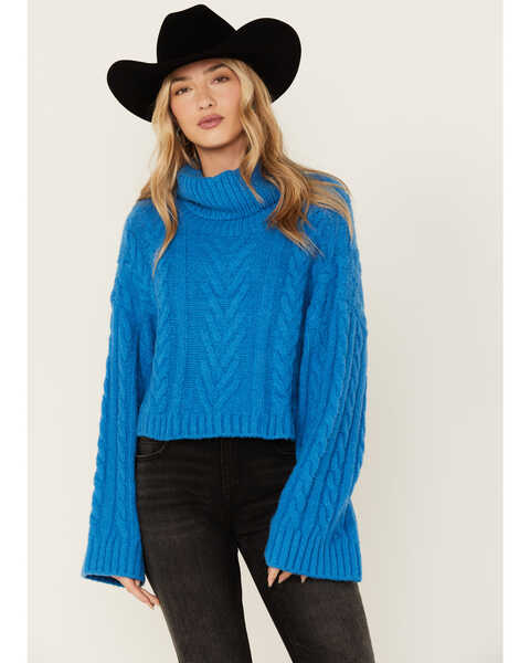 Image #1 - Revel Women's Turtleneck Cable Knit Cropped Sweater , Blue, hi-res