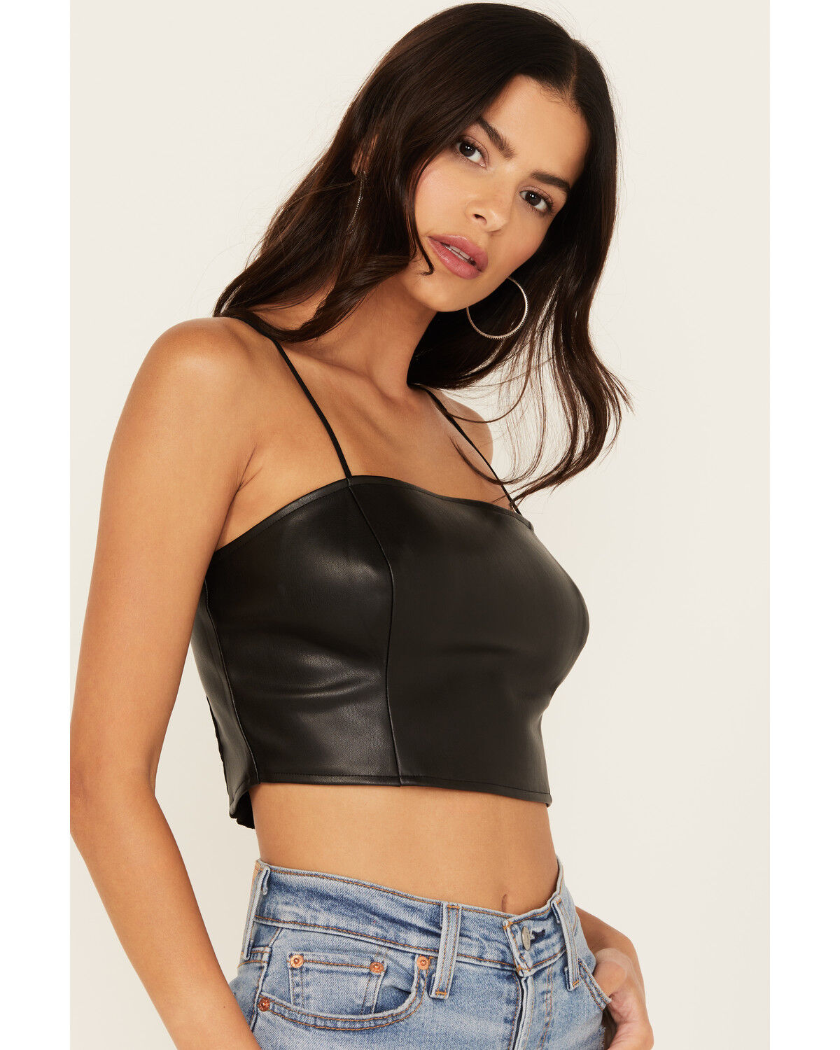 Image #2 - Beyond The Radar Women's Faux Leather Cropped Tank, Black, hi-res