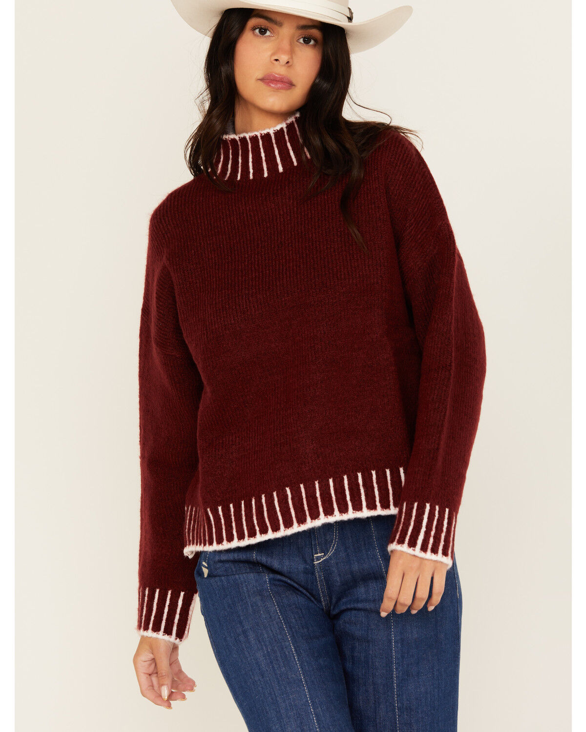 Image #1 - Revel Women's Whip Stitch Turtleneck Sweater, Burgundy, hi-res