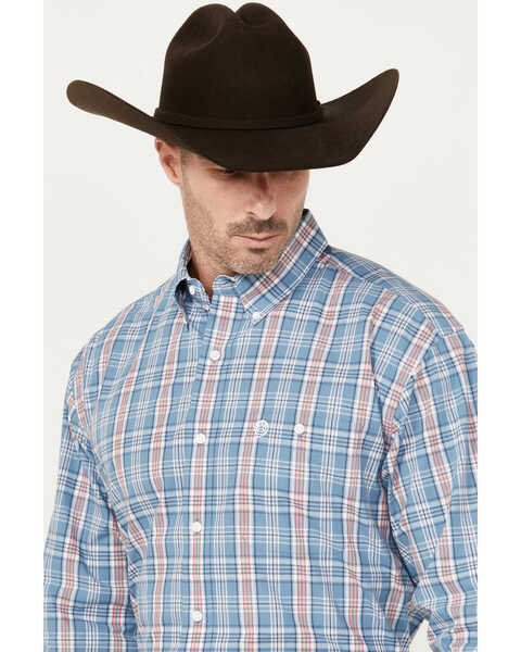 George Strait by Wrangler Men's Plaid Print Long Sleeve Button-Down Western Shirt, Blue, hi-res