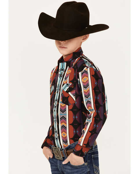 Image #2 - Panhandle Boys' Southwestern Striped Print Long Sleeve Snap Western Shirt, Black, hi-res