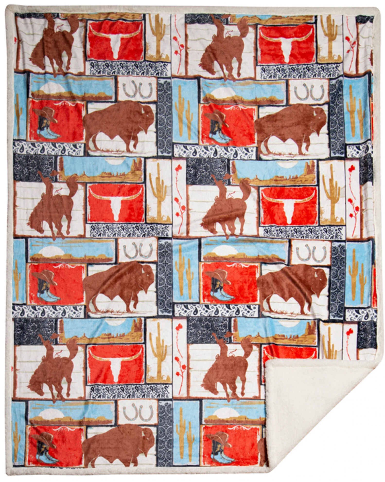Image #2 - Carstens Home Wrangler Vintage Western Sherpa Throw Blanket, Blue, hi-res
