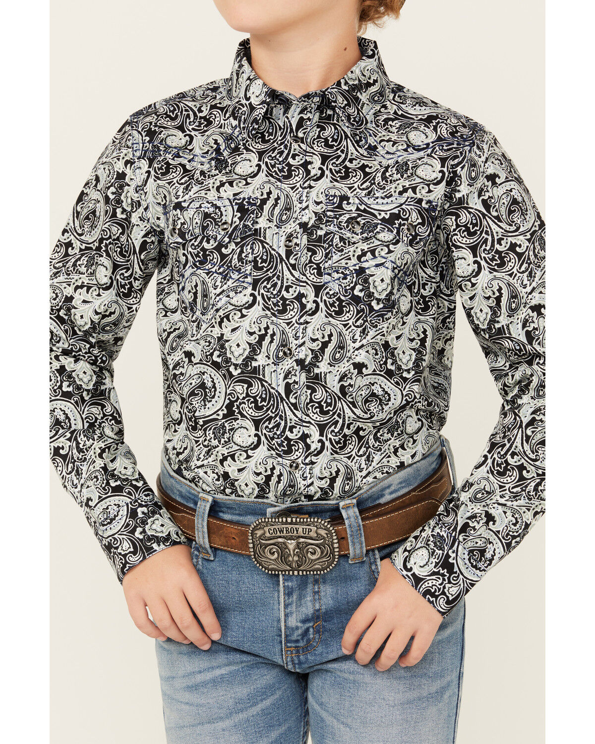 Image #3 - Cody James Boys' Showdown Paisley Print Long Sleeve Snap Western Shirt, Navy, hi-res