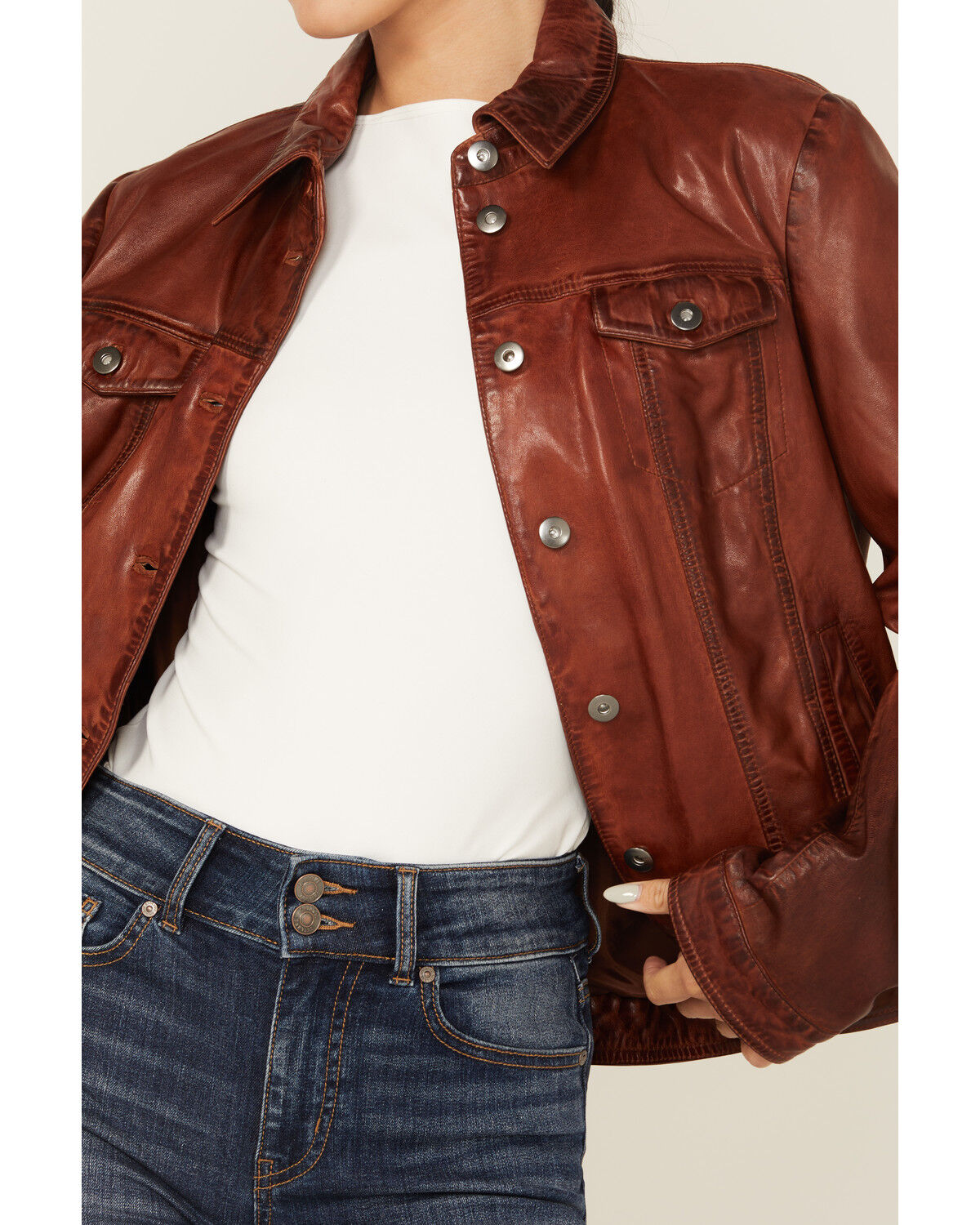 Image #3 - Scully Women's Leather Trucker Jacket, Brown, hi-res