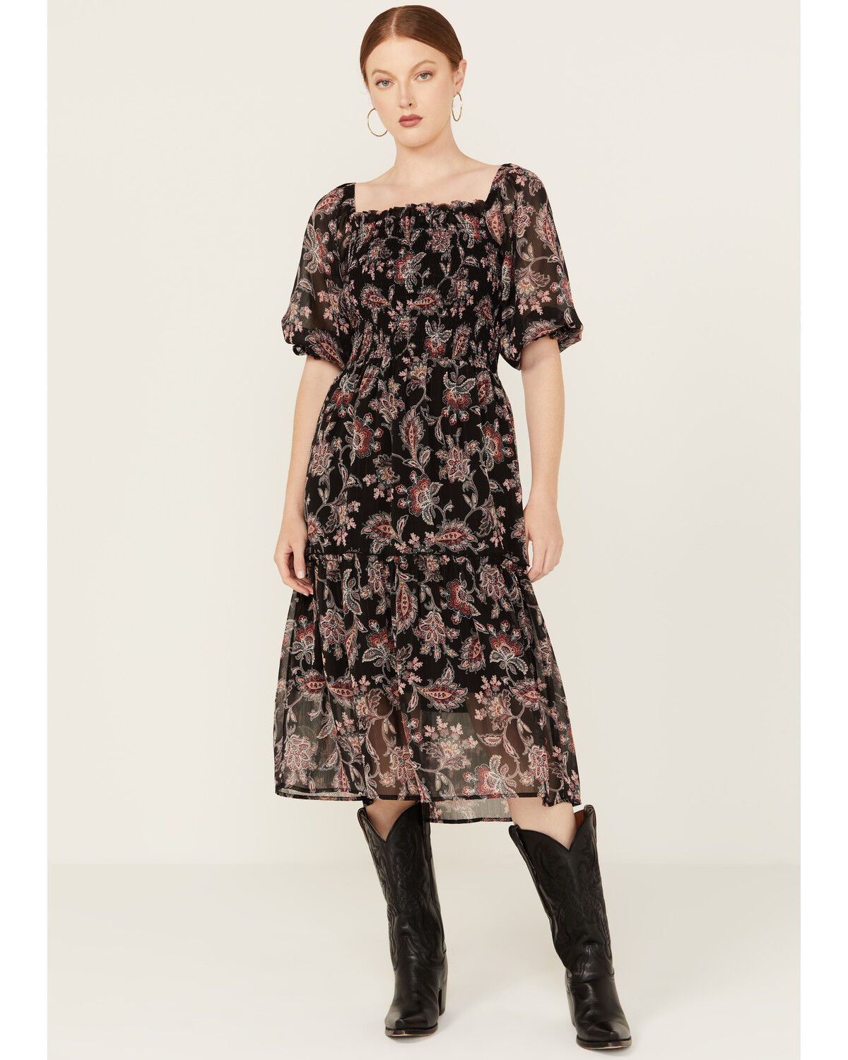 Image #1 - Wild Moss Women's Floral Pais Short Sleeve Smocked Midi Dress, Black, hi-res