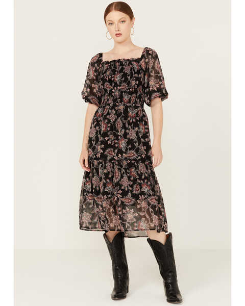 Image #1 - Wild Moss Women's Floral Pais Short Sleeve Smocked Midi Dress, Black, hi-res