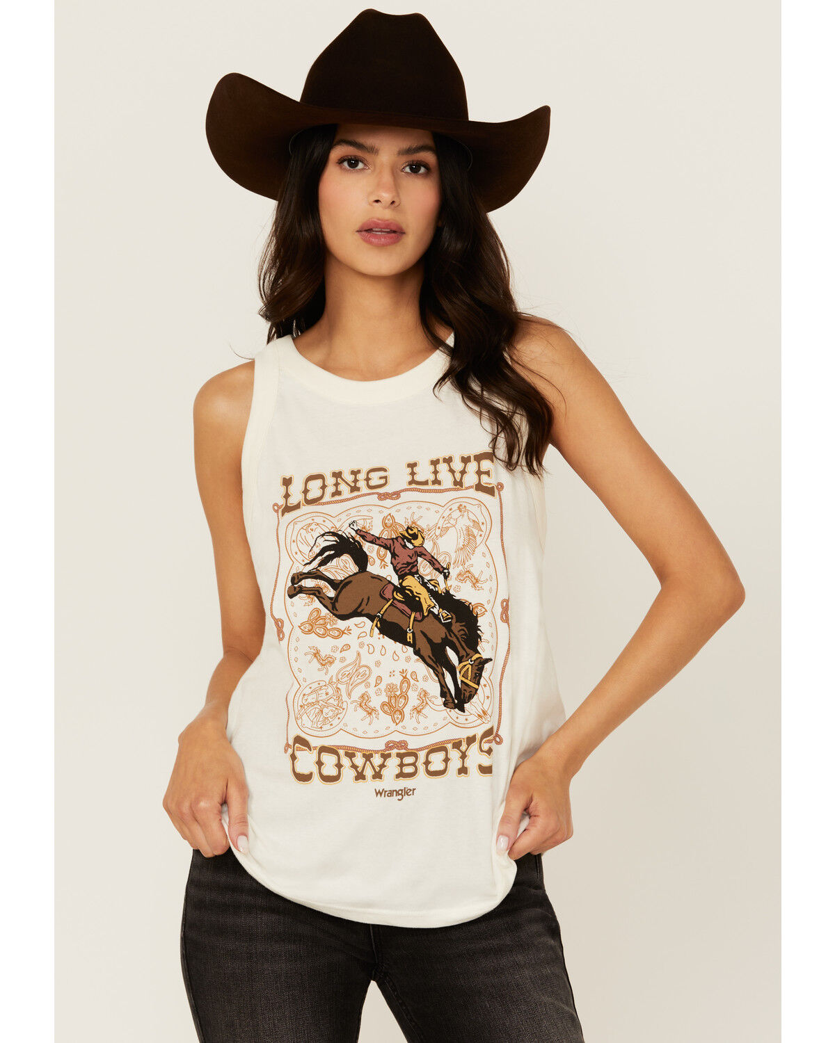 Image #1 - Wrangler Women's Long Live Cowboys Graphic Tank, White, hi-res