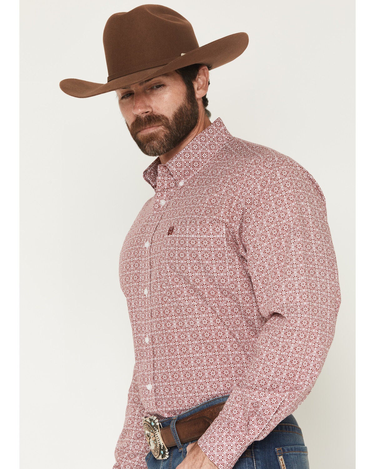 Image #2 - Cinch Men's Medallion Print Long Sleeve Button-Down Western Shirt, Red, hi-res