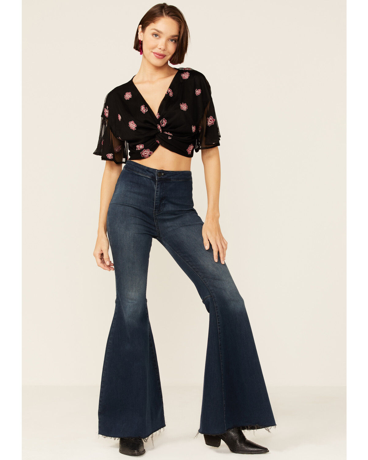Image #3 - En Creme Women's Black Floral Embroidered Mesh Short Sleeve Crop Top , , hi-res