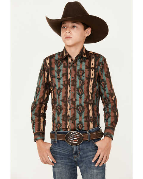 Image #1 - Wrangler Boys' Checotah Southwestern Striped Long Sleeve Snap Western Shirt, Multi, hi-res