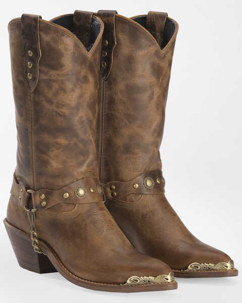 Image #1 - Abilene Women's Distressed Harness Western Boots - Pointed Toe, Tan, hi-res