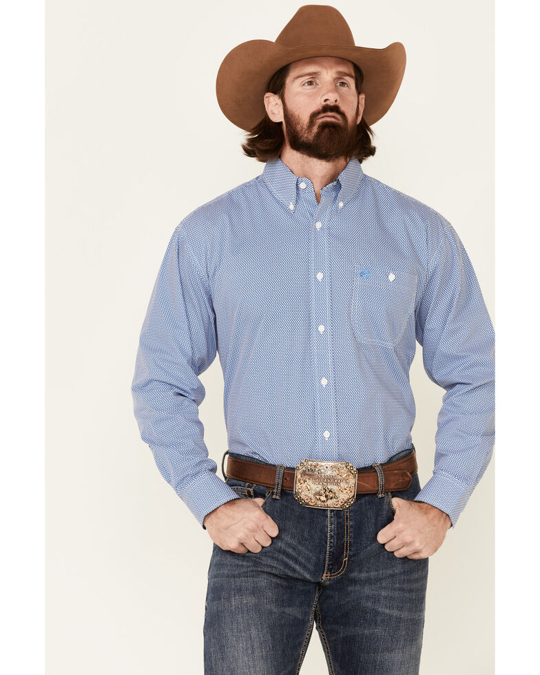 George Strait By Wrangler Men's Cobalt Geo Print Long Sleeve Button-Down Western Shirt , Blue, hi-res