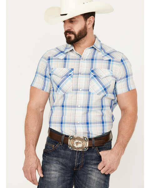 Pendleton Men's Frontier Plaid Short Sleeve Western Pearl Snap Shirt, Blue, hi-res
