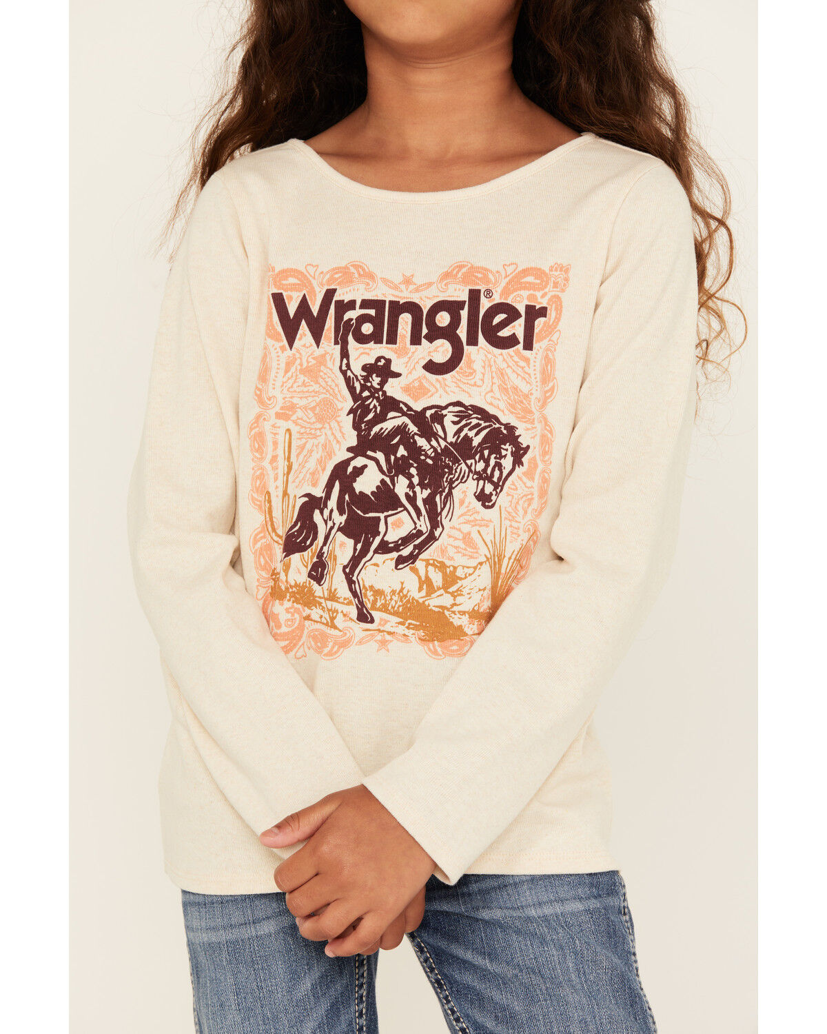 Image #3 - Wrangler Girls' Cowboy Long Sleeve Logo Tee, Cream, hi-res