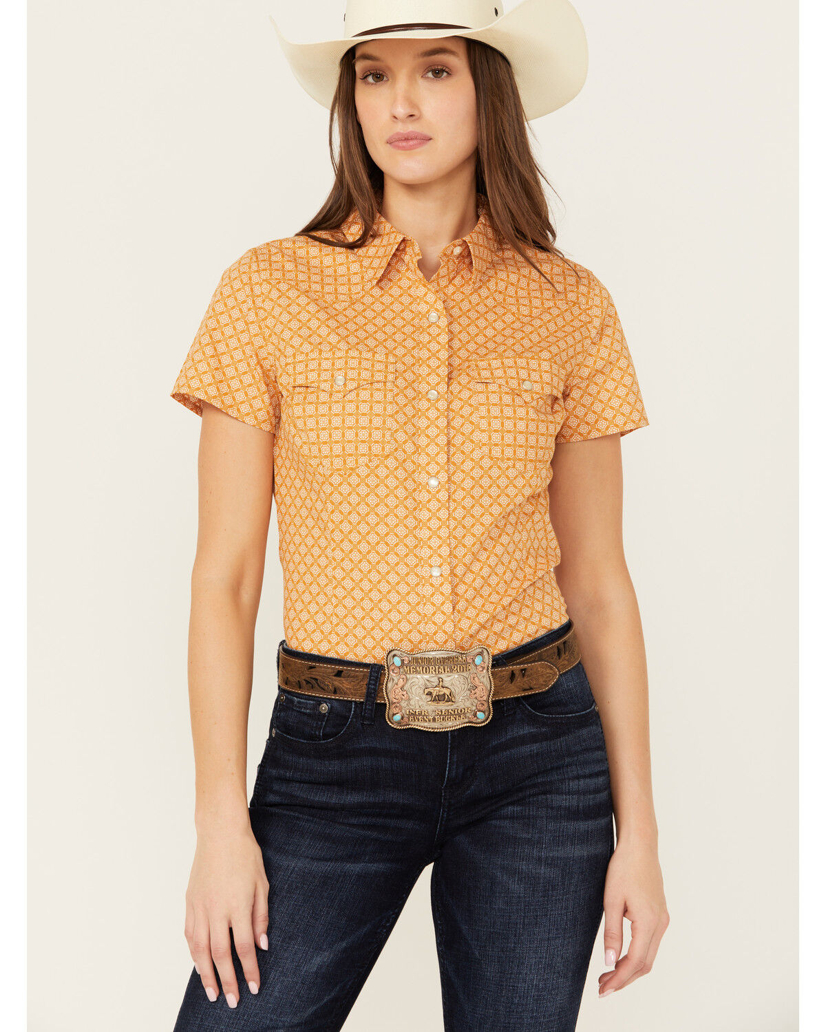 Image #1 - Wrangler Retro Women's Geo Print Short Sleeve Western Shirt, Rust Copper, hi-res