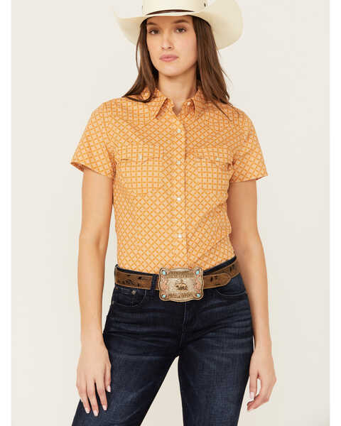 Wrangler Retro Women's Geo Print Short Sleeve Western Shirt , Rust Copper, hi-res
