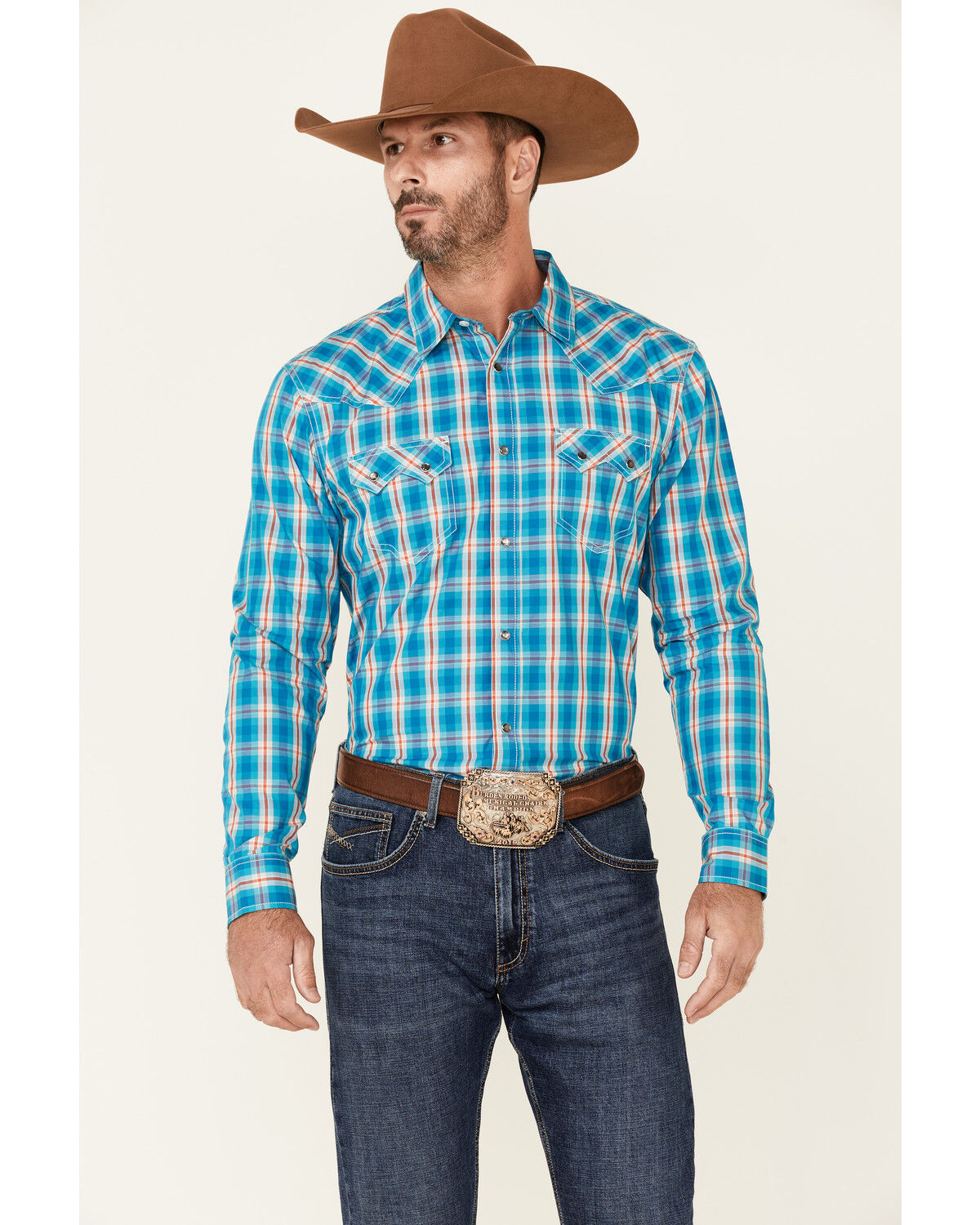 Image #1 - Cody James Men's Briar Patch Plaid Print Long Sleeve Pearl Snap Western Shirt, Teal, hi-res