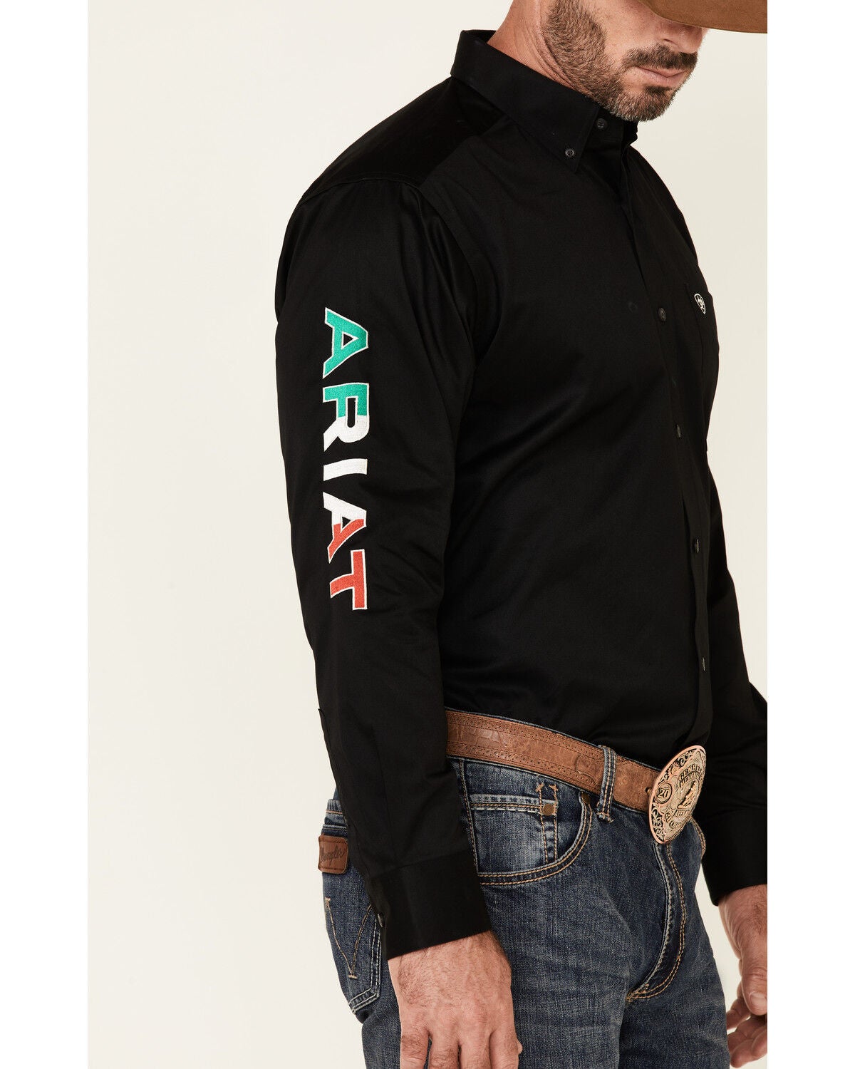 Ariat Men's Solid Team Mexico Logo Long Sleeve Button-Down Western Shirt, Black, hi-res