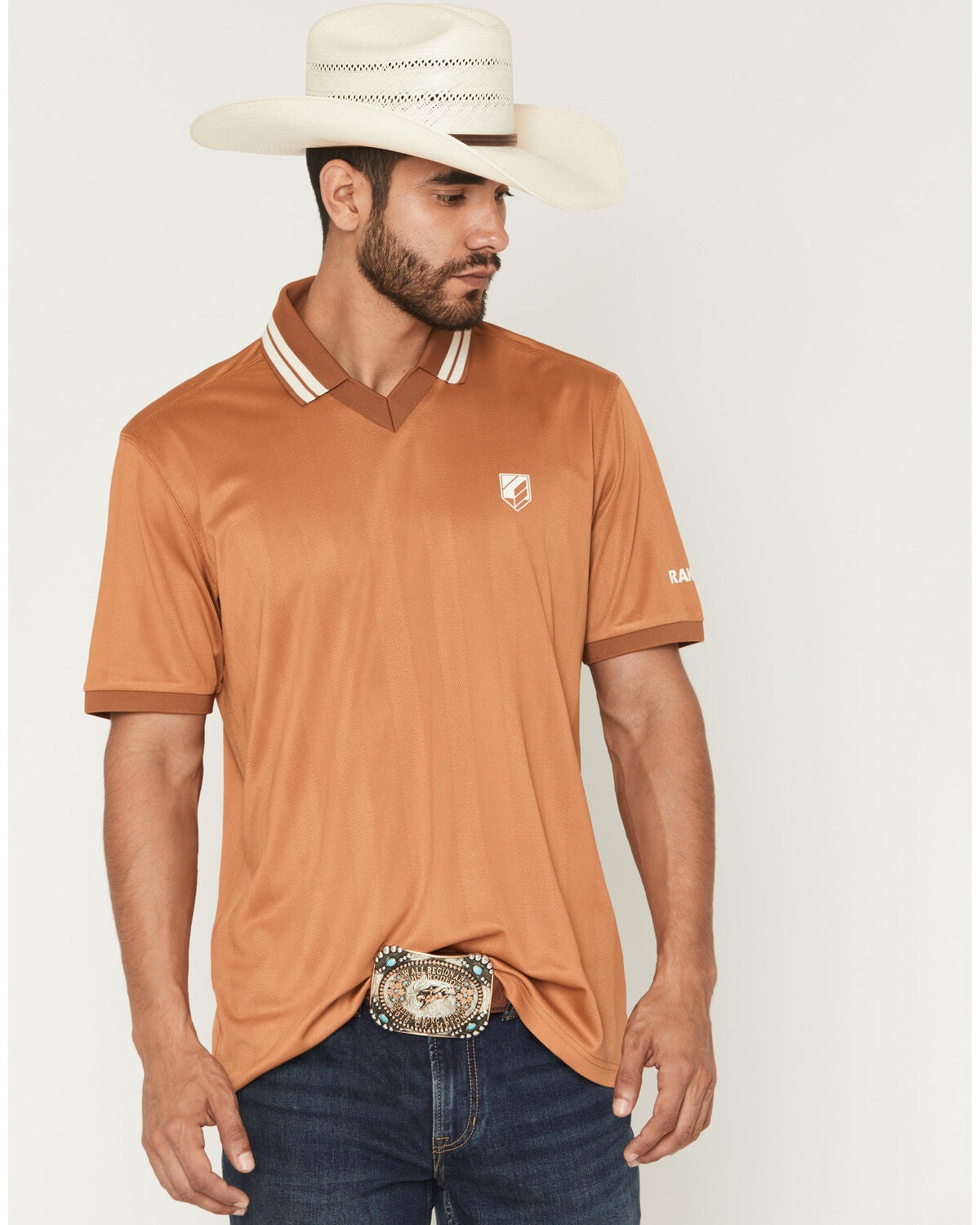Image #1 - RANK 45&reg; Men's Hoss Jersey Short Sleeve V-Neck Stretch Polo Shirt, Sand, hi-res