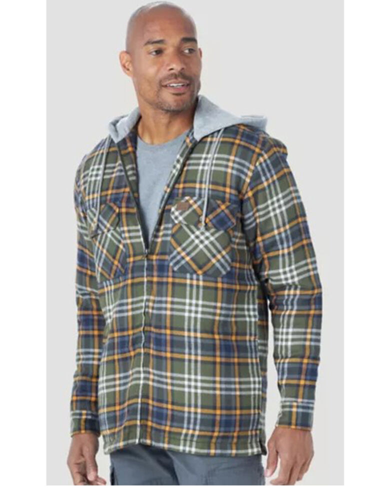 Wrangler Riggs Men's Yellow & Olive Plaid Hooded Zip-Front Work Shirt Jacket - Tall , Green, hi-res