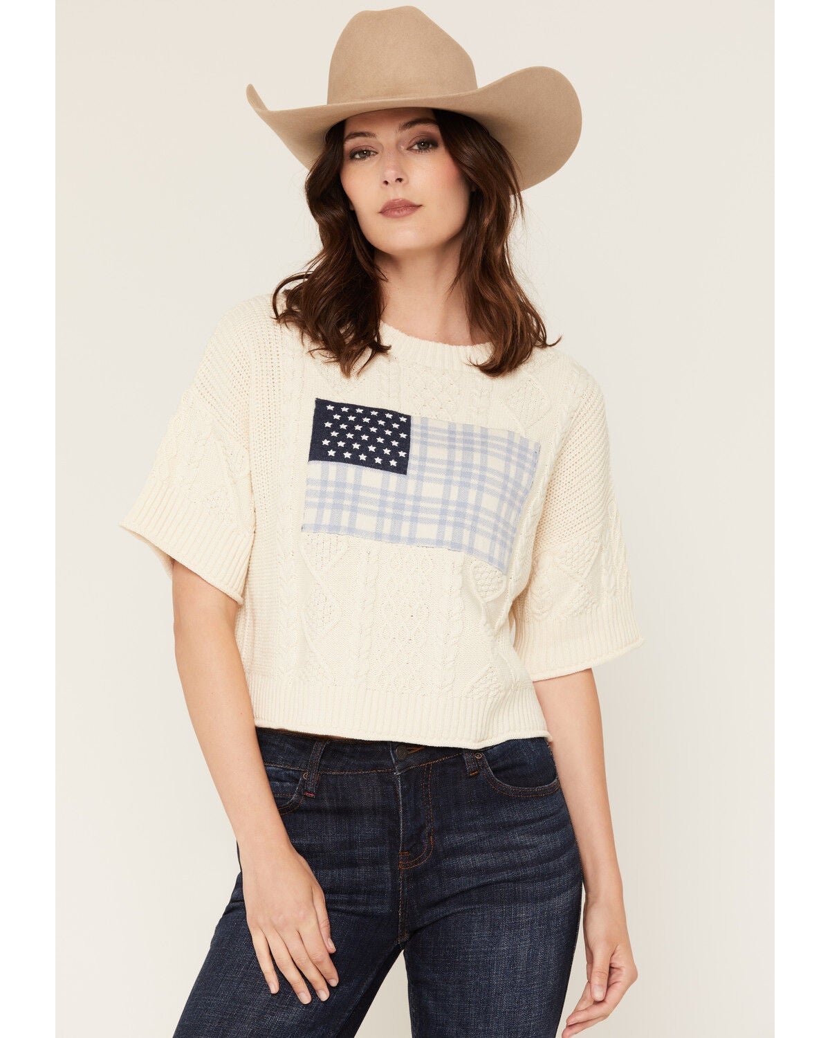 Originality Women's USA Flag Short Sleeve Sweater, Cream, hi-res