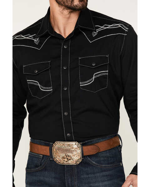 Rock 47 by Wrangler Men's Long Sleeve Embroidered Yoke Solid Snap Western Shirt - Big & Tall, Black, hi-res