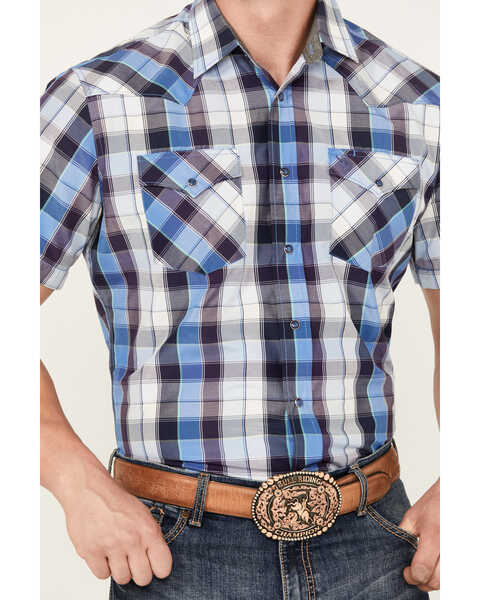 Image #3 - Rodeo Clothing Men's Plaid Print Short Sleeve Snap Western Shirt, Blue, hi-res