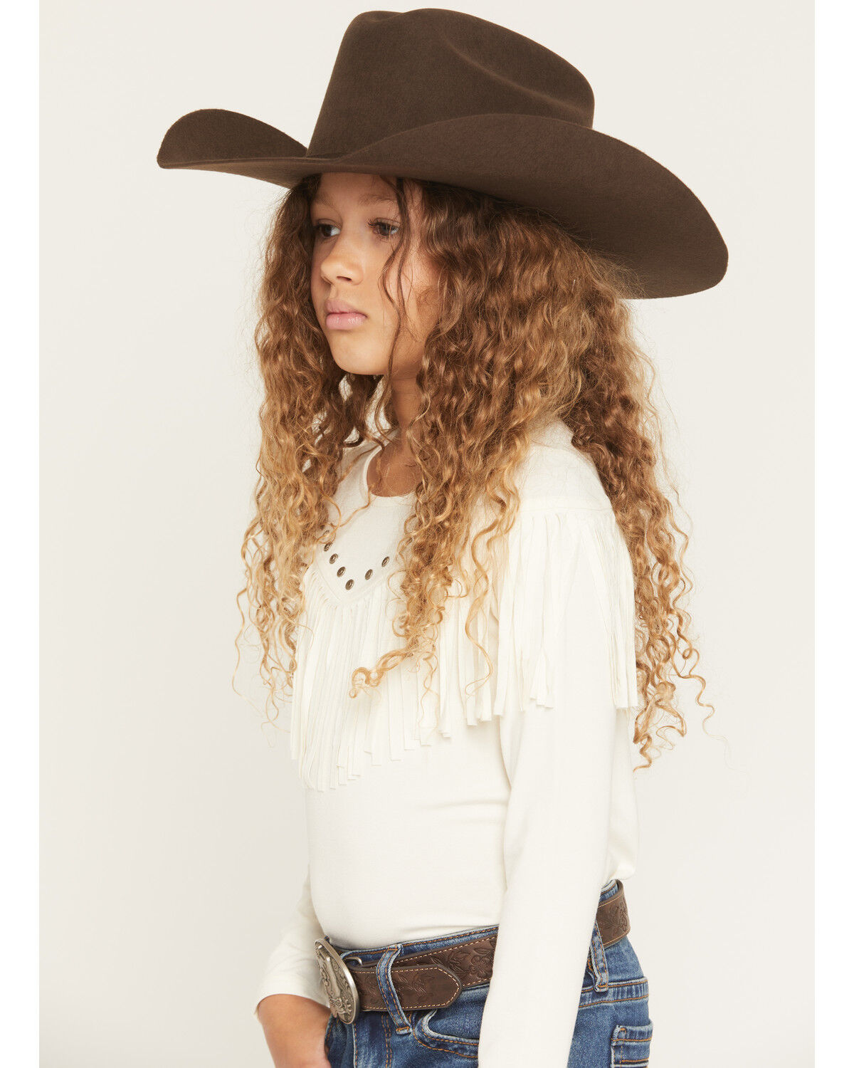 Image #2 - Shyanne Girls' Josie Fringe Studded Long Sleeve Shirt, Cream, hi-res