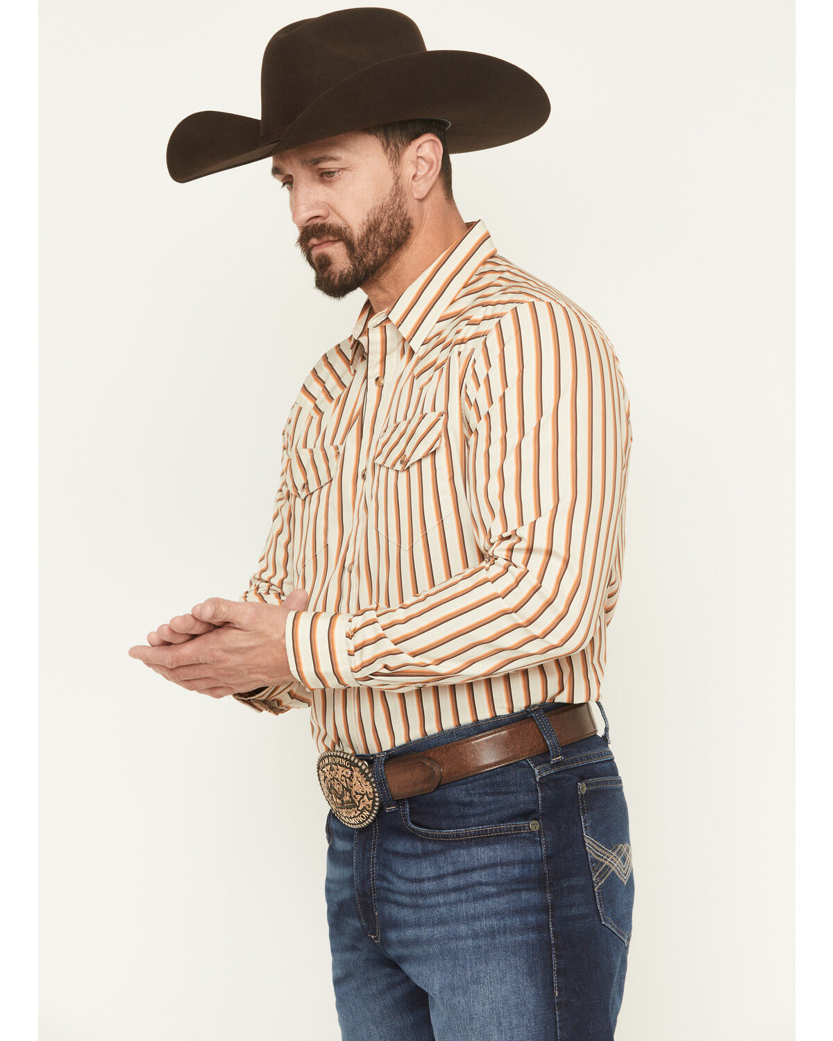 Image #2 - Gibson Trading Co Men's Sand Trap Striped Long Sleeve Snap Western Shirt, Tan, hi-res