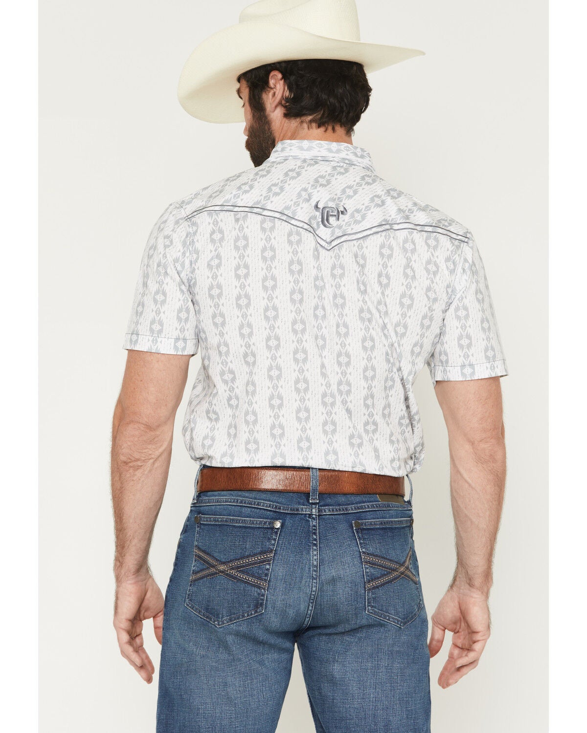Image #4 - Cowboy Hardware Men's Southwestern Print Short Sleeve Pearl Snap Stretch Western Shirt, White, hi-res