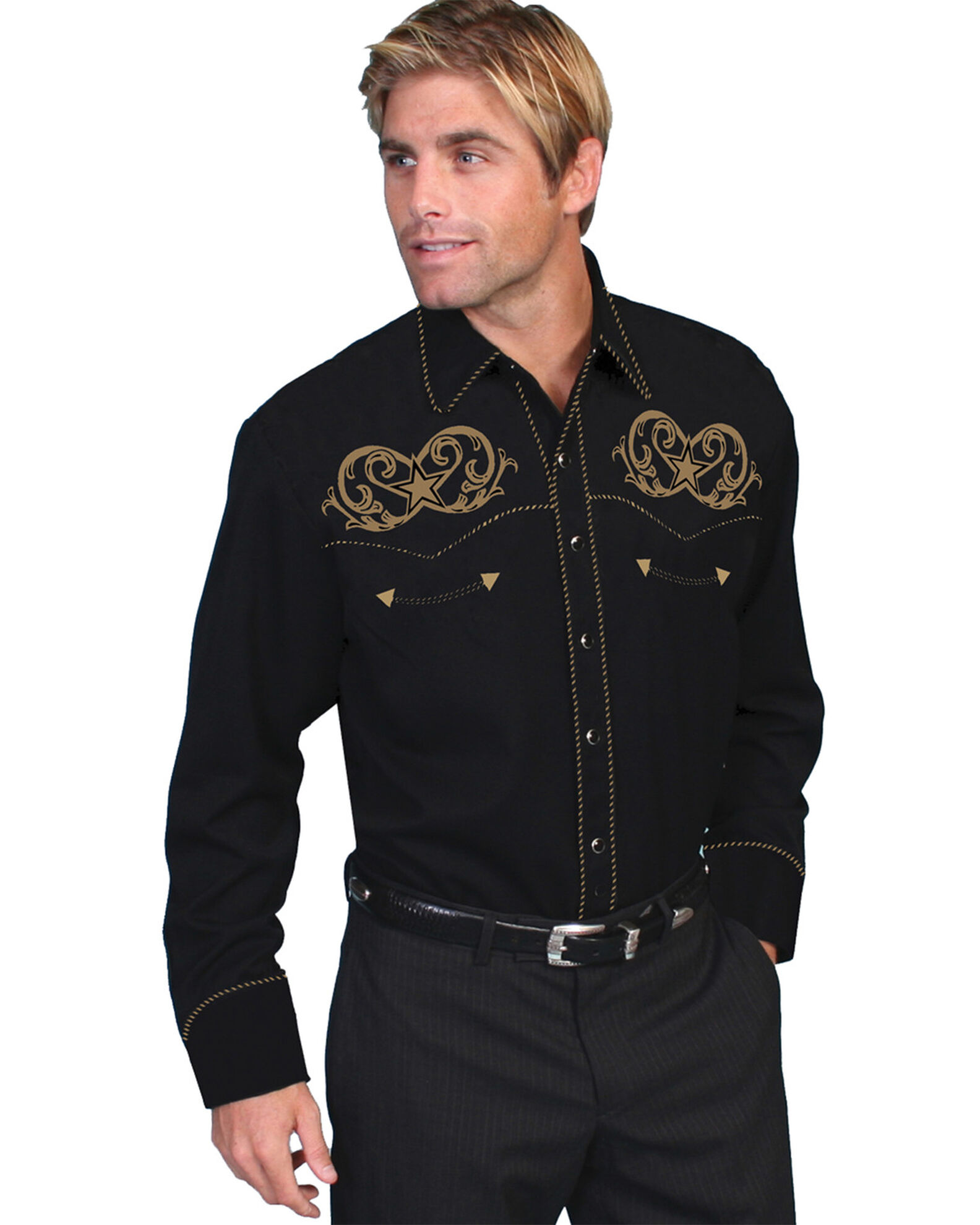 Image #1 - Scully Men's Embroidered Star Scroll Long Sleeve Shirt, Black, hi-res