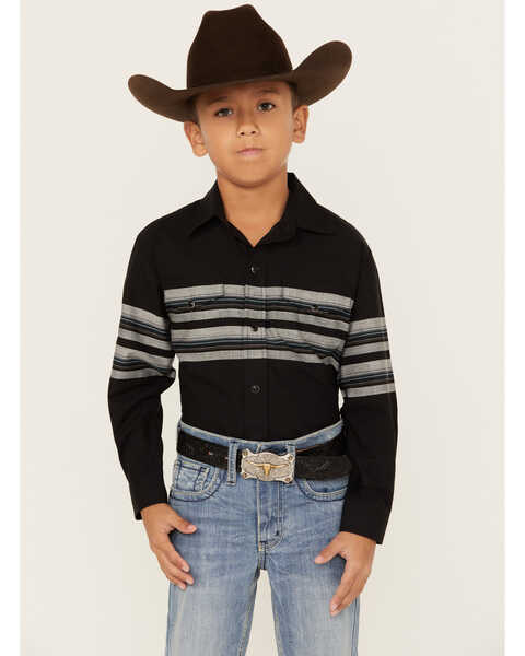 Image #1 - Roper Boys' Border Stripe Long Sleeve Snap Western Shirt, Black, hi-res
