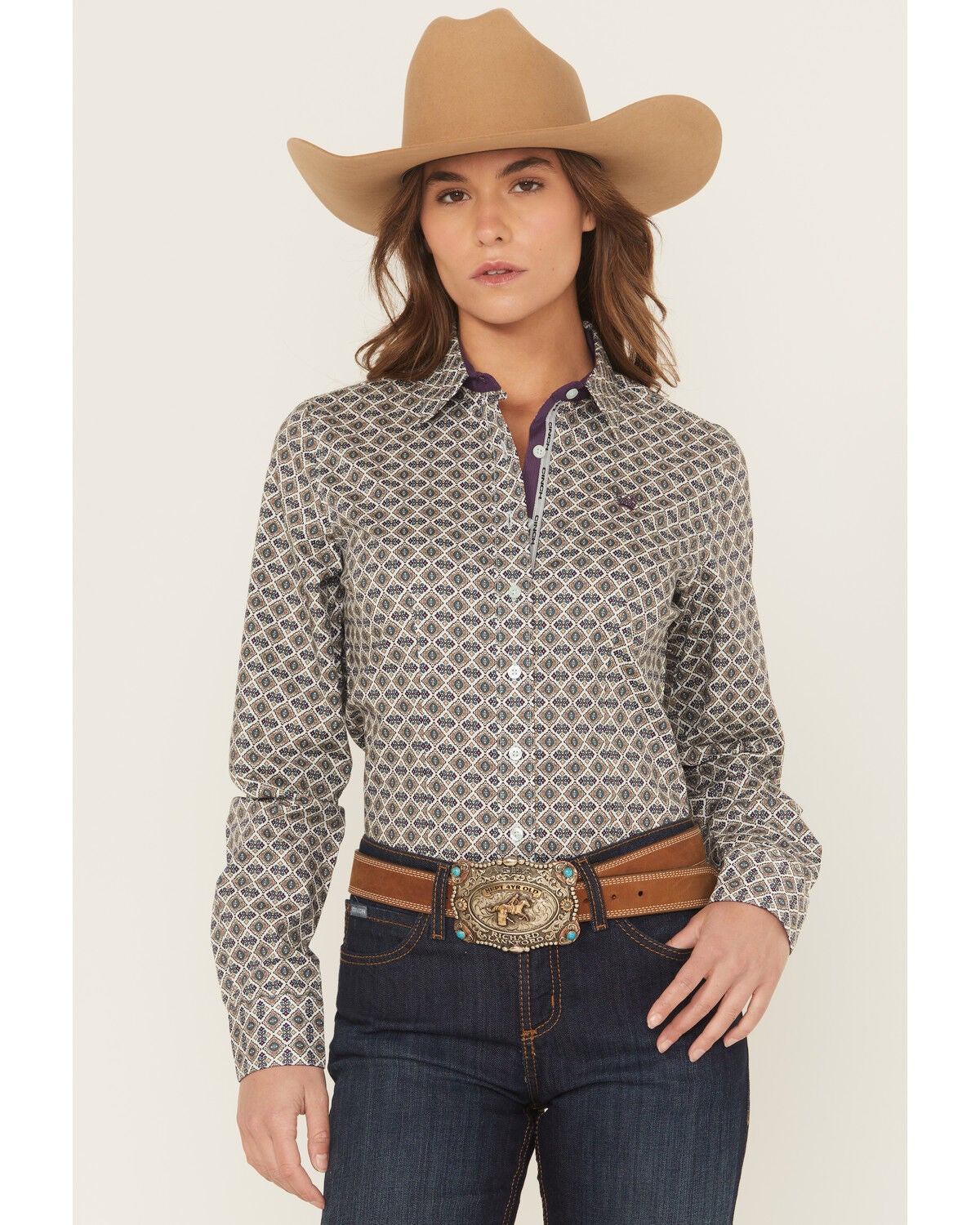 Image #1 - Cinch Women's Medallion Print Long Sleeve Button-Down Western Shirt, Light Blue, hi-res