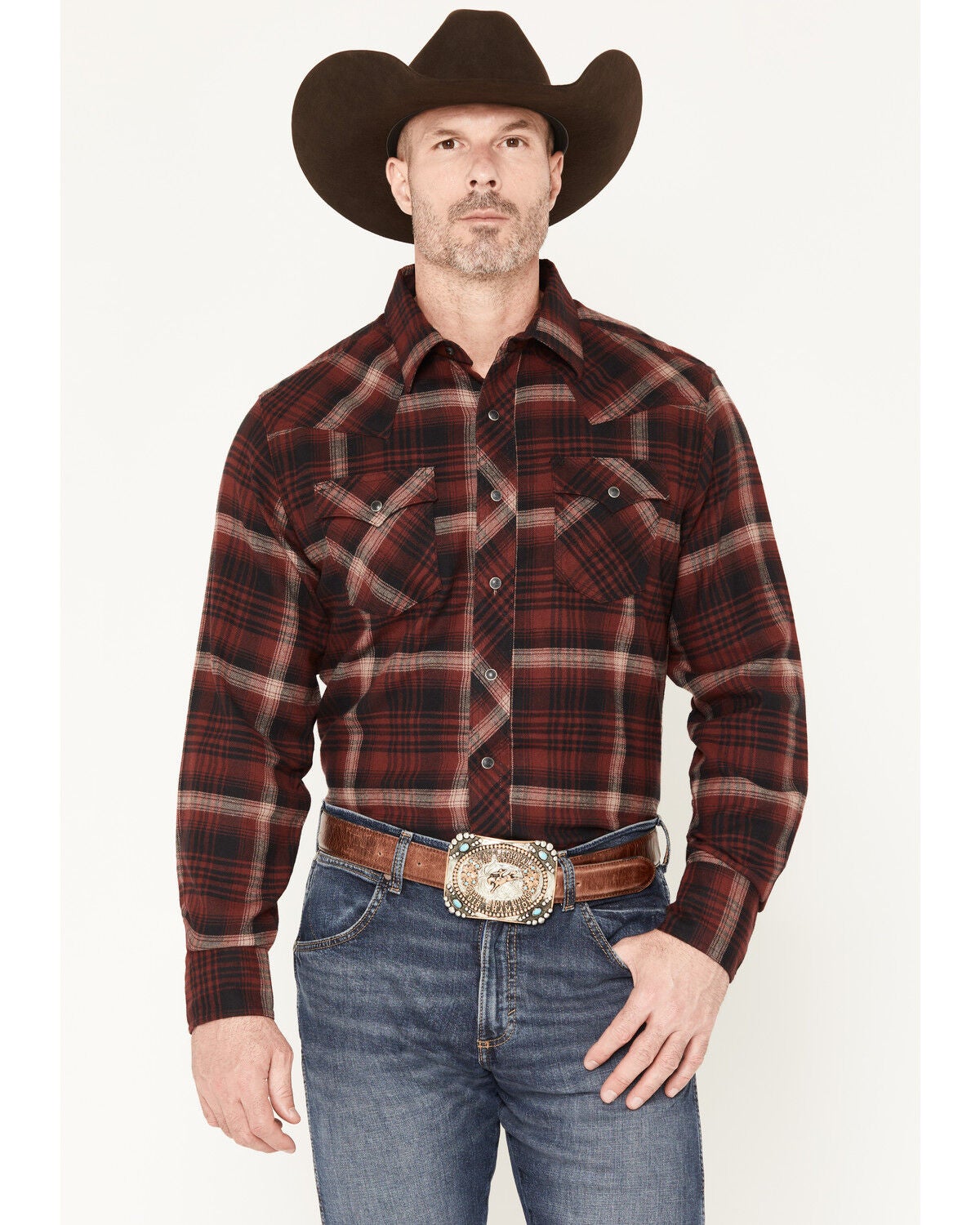 Wrangler Retro Men's Plaid Print Long Sleeve Snap Flannel Shirt, Burgundy, hi-res