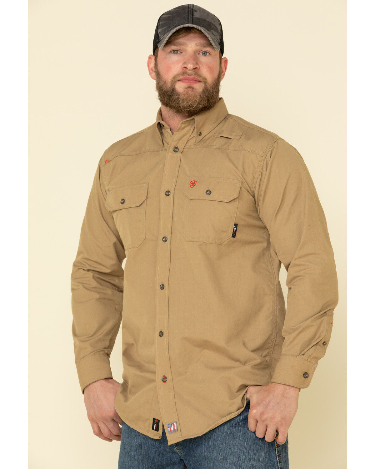 Image #1 - Ariat Men's Khaki FR Solid Featherlight Long Sleeve Work Shirt, Beige/khaki, hi-res