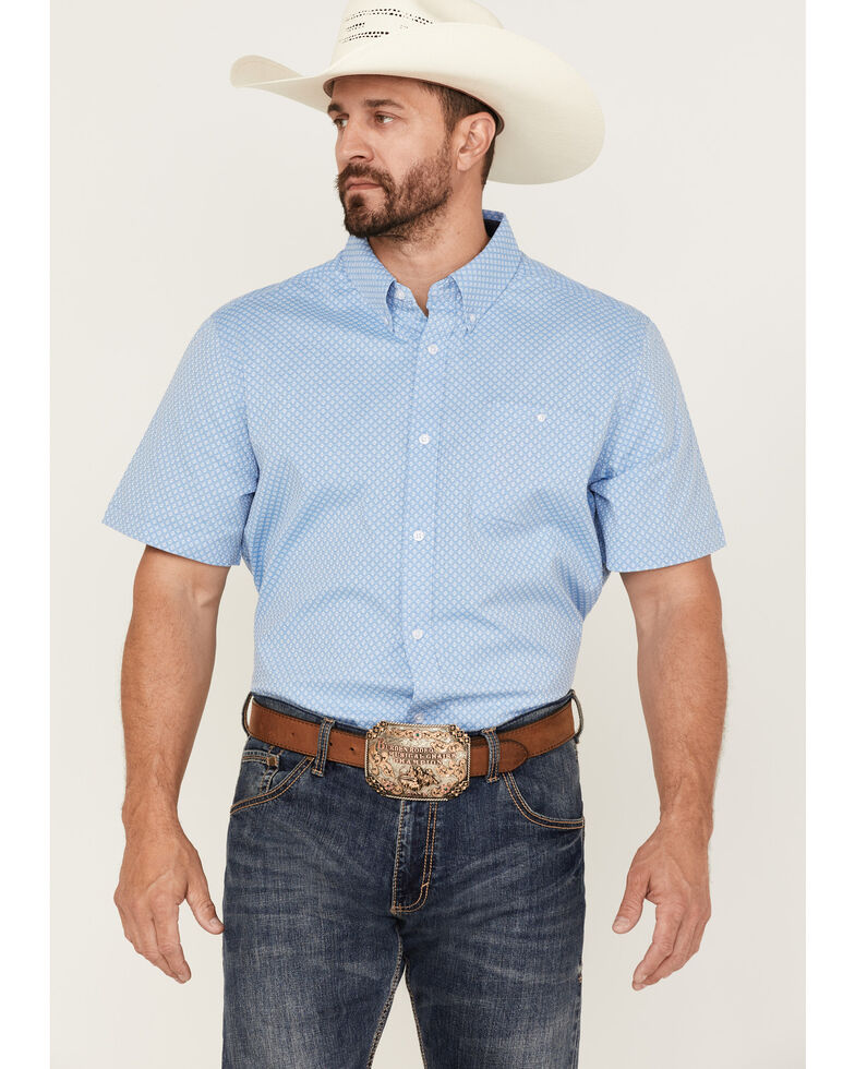 Rank 45 Men's Cantle Geo Print Short Sleeve Button-Down Western Shirt , Light Blue, hi-res