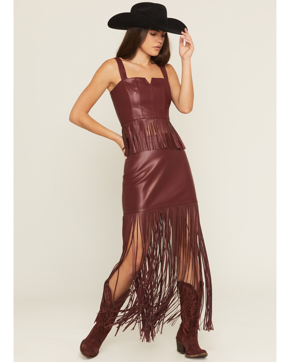 Image #3 - Idyllwind Women's Payson Faux Leather Fringe Maxi Skirt, Cherry, hi-res
