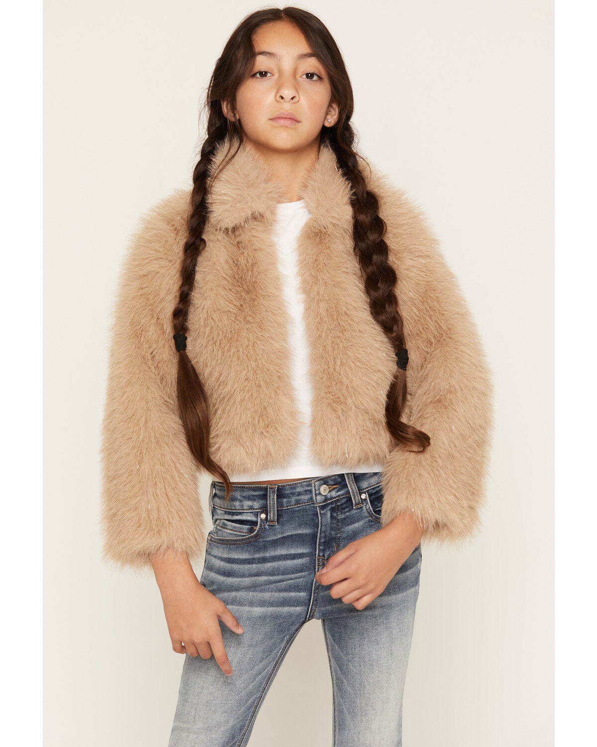 Shyanne Girls' Polar Bluff Faux Fur Sparkle Jacket, Khaki, hi-res
