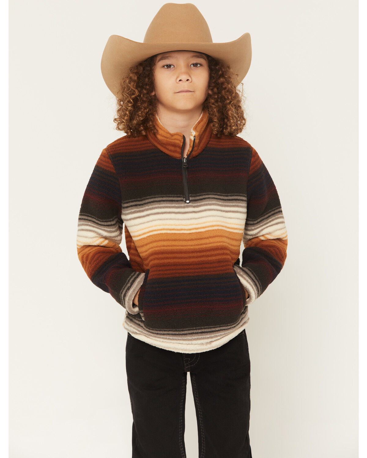 Image #1 - Wrangler Boys' Serape Striped Quarter Zip Pullover, Brown, hi-res