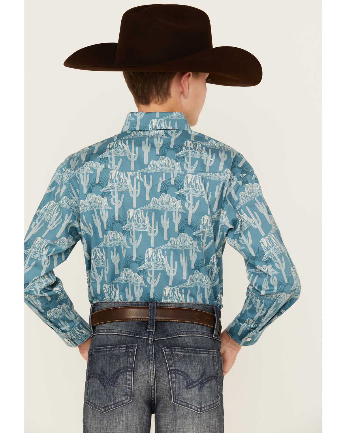 Image #4 - Rock & Roll Denim Boys' Cactus Print Long Sleeve Pearl Snap Stretch Western Shirt, Turquoise, hi-res