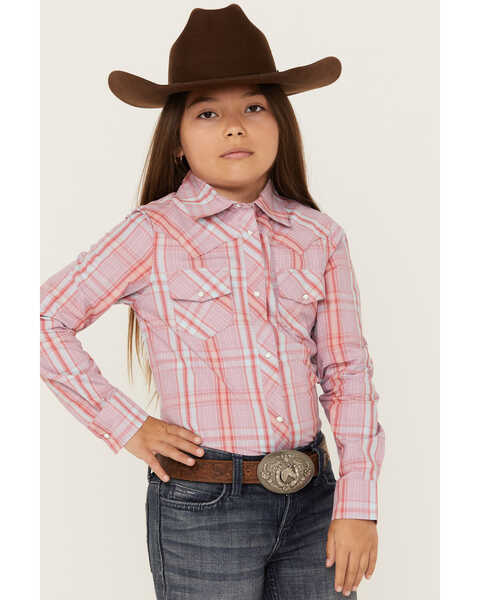 Shyanne Girls' Plaid Print Long Sleeve Snap Western Shirt, Lavender, hi-res