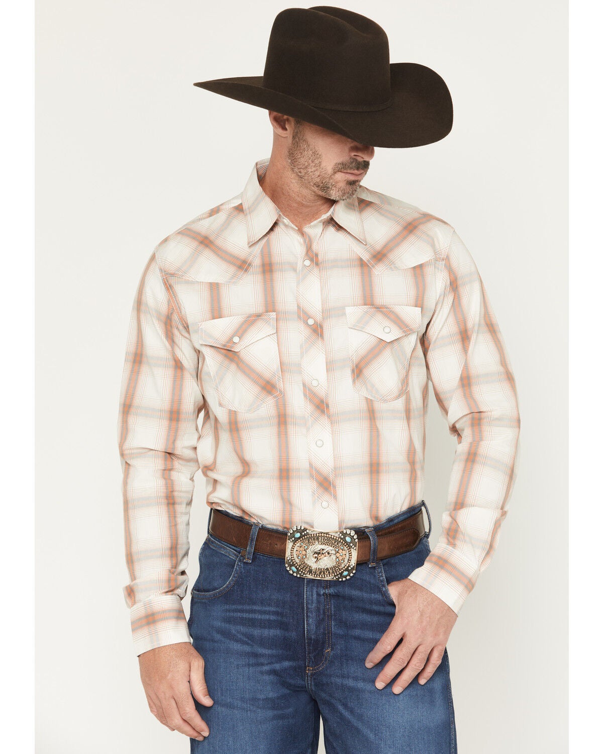 Image #1 - Wrangler 20X Men's Plaid Print Long Sleeve Snap Stretch Western Shirt, Cream, hi-res
