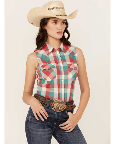 Image #1 - Wrangler Women's Essential Plaid Print Sleeveless Pearl Snap Western Shirt, Multi, hi-res