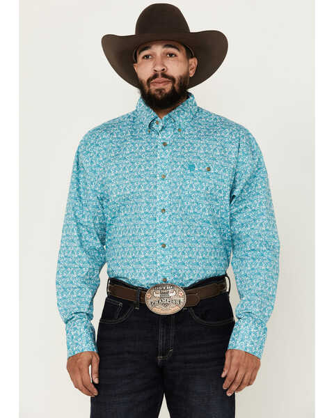 George Strait by Wrangler Men's Printed Long Sleeve Button-Down Western Shirt, Turquoise, hi-res