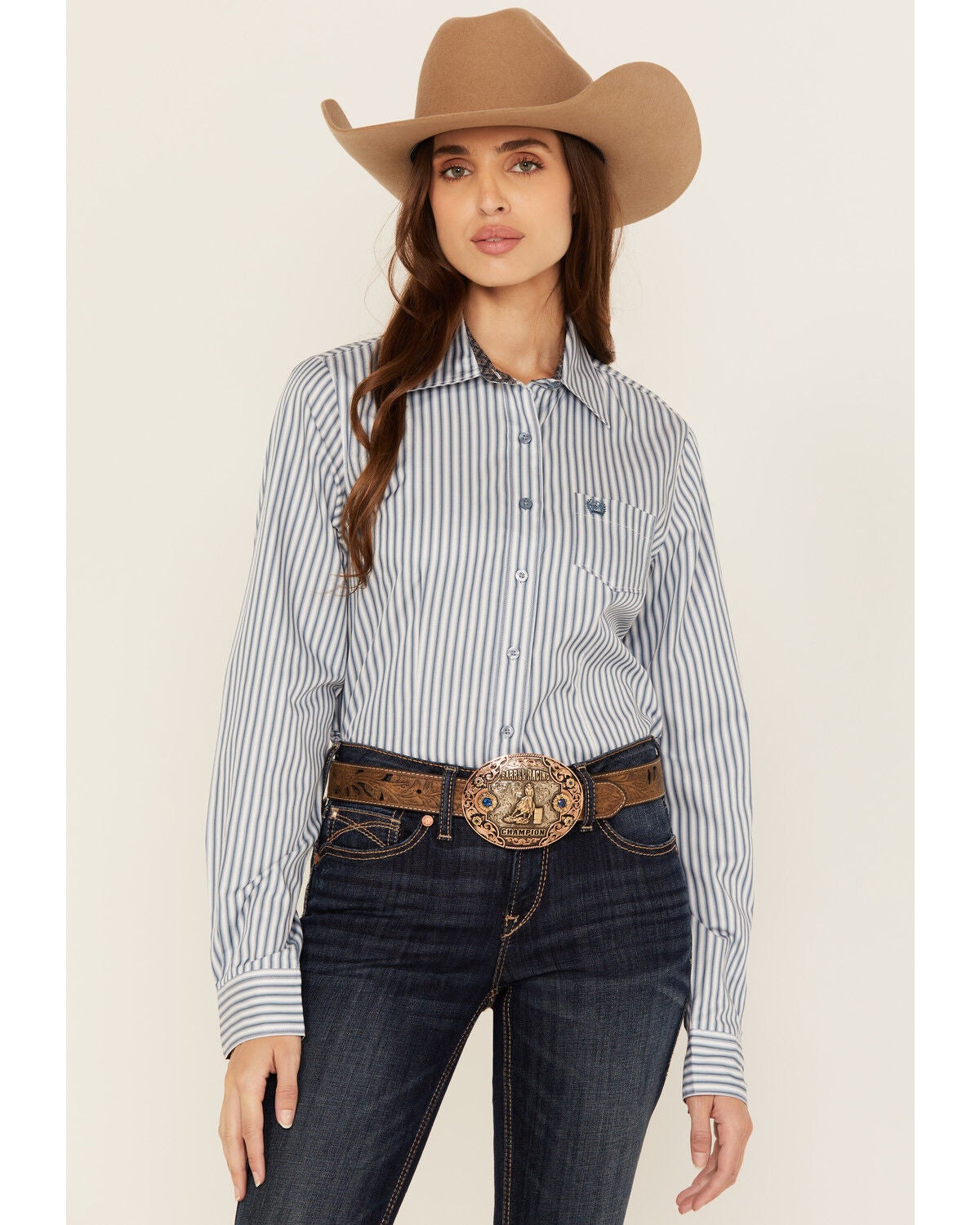 Cinch Women's TENCEL&trade; Striped Long Sleeve Button-Down Western Shirt, Blue, hi-res