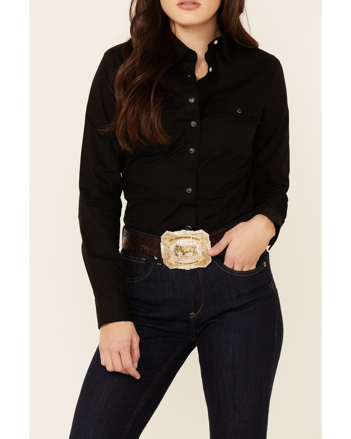 Image #4 - Wrangler Women's Long Sleeve Snap Stretch Western Top, Black, hi-res